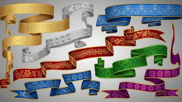 A vibrant collection of elegant decorative ribbons, banners, and scrolls featuring intricate traditional patterns and ornate embellishments for festive designs and graphic projects
