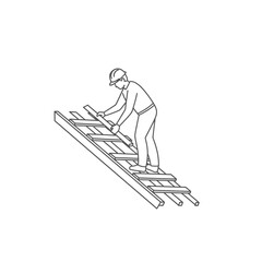 Obraz premium Technician climbing wooden scaffold structure for maintenance work