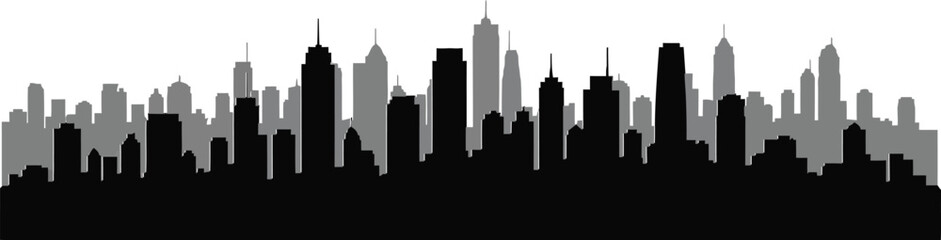 Obraz premium City skyline with tall buildings and skyscrapers in gray and black silhouette against white background