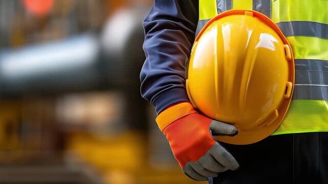 A worker stands on a construction site holding a yellow hard hat while wearing safety gloves and a reflective vest