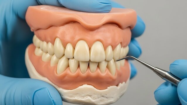 dental tools examining realistic teeth on jaw model