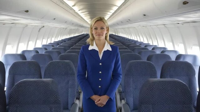 Flight attendant stands in empty airplane cabin