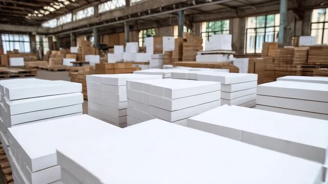 Boxes stacked in a warehouse during the day
