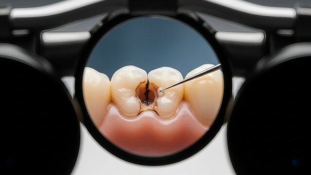 magnifying glass focusing on decayed cavity in molar tooth