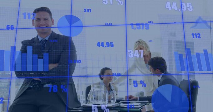 Lead man posing while mgr pointing document, team reviewing as business charts overlaying, updating