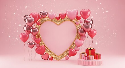 Elegant celebration with heart-shaped balloons and wrapped gifts on a pink background
