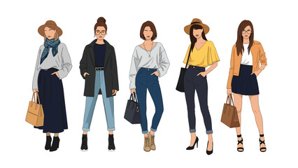 Fototapeta premium Illustration of five diverse women standing in a row wearing various stylish and modern casual autumn outfits on a plain white background.
