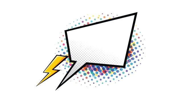 Blank pop art speech bubble with a yellow lightning bolt and colorful halftone dot background ready for custom text or message insertion.