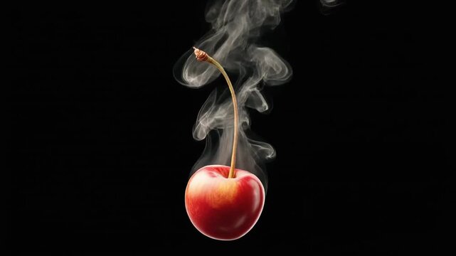 A single, shiny cherry with a bent stem, surrounded by wisps of ethereal, flowing smoke on a black backdrop
