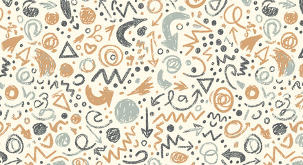 Naklejka premium Memphis style doodle pattern, abstract shapes and symbols, orange gray and beige, seamless background texture, for website or social media design, overlay effect