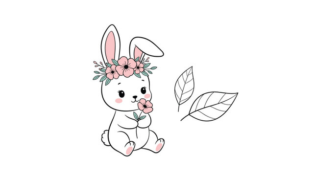 Adorable cartoon white bunny rabbit wearing a pink flower crown and holding a small blossom next to two delicate leaf sketches on white background.