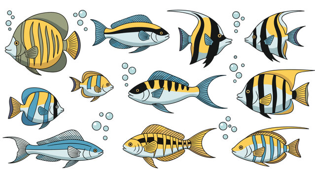 Collection of various tropical coral reef fish with stripes and vibrant colors swimming among blue bubbles against a clean white background.