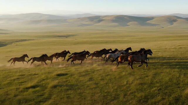 Wild mustangs run across a vast grassland with mountains in the distance. Aerial drone footage shows the horses roaming free across the american landscape