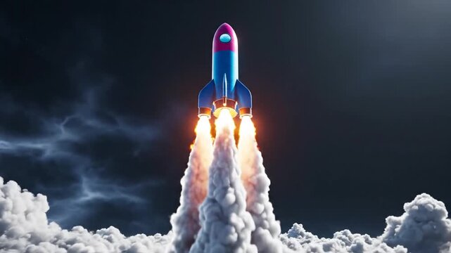 A rocket ship blasting off into space, piercing through fluffy white clouds with fiery engines, symbolizing innovation and progress