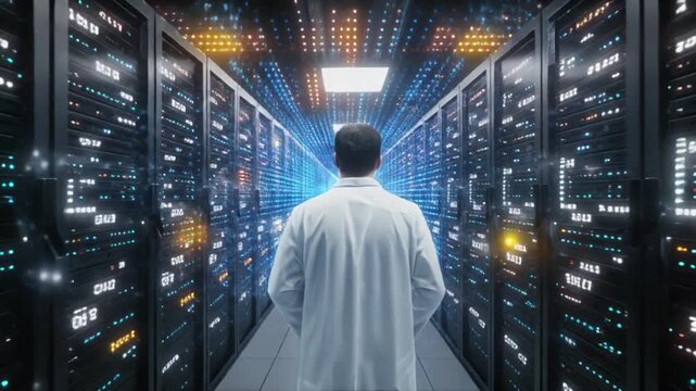 A scientist in a lab coat walks down a server room aisle, surrounded by rows of data center equipment with blinking lights, towards a blue-lit background