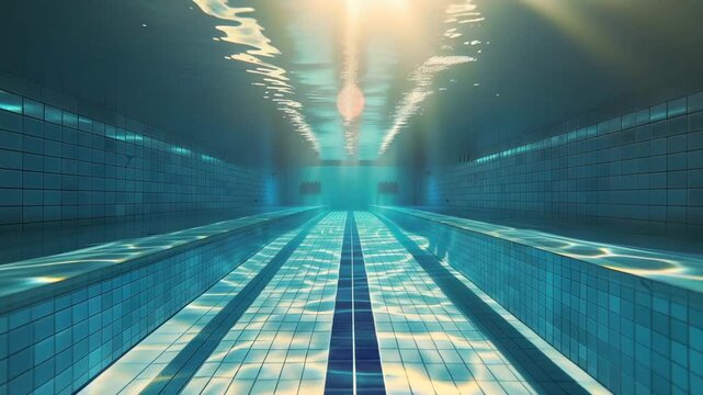 Underwater view of an empty swimming pool with sun rays filtering through the water. 4k video