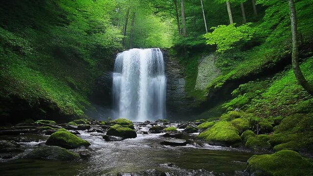 A serene waterfall cascades down a rocky slope, surrounded by lush greenery and moss-covered boulders in a tranquil forest setting