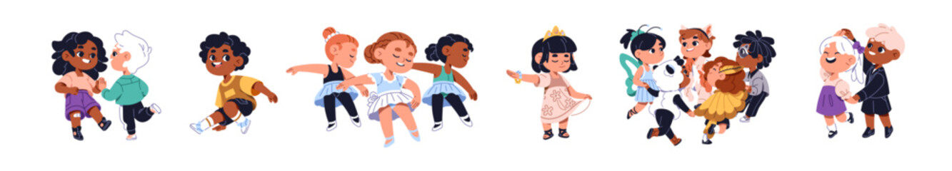 Fototapeta premium Happy children are dancing set. Cute little dancers of ballet, hip hop and breakdance. Kids move with music together. Funny boys and girls at child disco. Flat isolated vector illustrations on white
