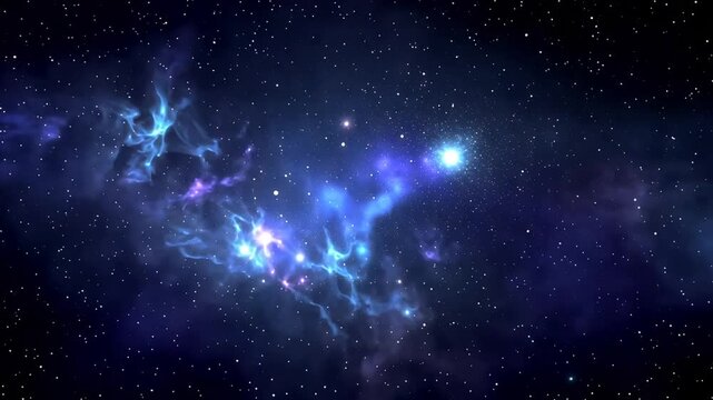 A vibrant nebula glows with purple and blue hues in the vastness of outer space at night, with stars shining brightly in the background, often used for astronomy or science themes