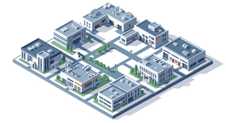Isometric view of a city block with various modern buildings and roads, depicting urban development and infrastructure