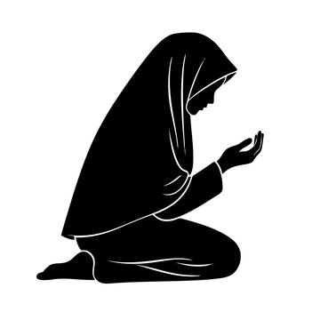 Muslim Woman Praying Silhouette: Side View of Woman in Hijab Performing Dua