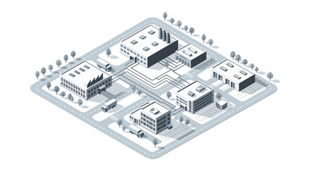 Fototapeta premium Isometric industrial park with buildings, roads, and vehicles, representing logistics and manufacturing