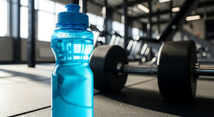 Fitness hydration in a gym setting with a water bottle and equipment