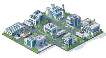 Isometric industrial complex with warehouses, factories, and office buildings, showcasing logistics and urban development
