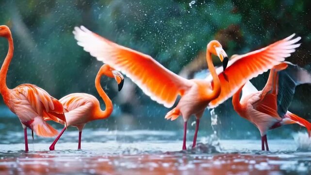 A group of vibrant flamingos in water, one flapping wings causing a splash, with dark background