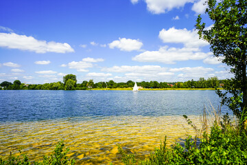 View of Lake Lippe and the surrounding landscape. Nature by the lake near Paderborn.
