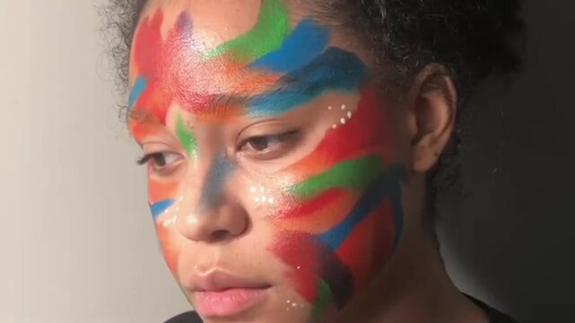Close-up of a young black woman with vibrant multi-colored face paint, looking to the side, with a plain background, possibly for artistic or cultural expression