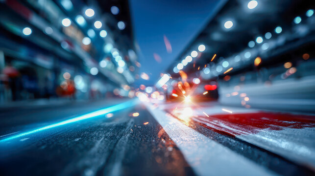Low-angle view of a wet racetrack pit lane at night with motion blur, glowing lights, and sparks, capturing speed and motorsport energy