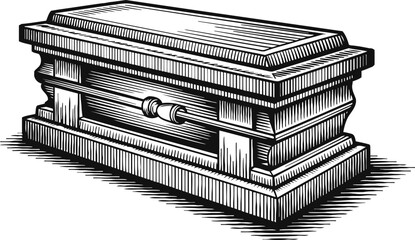 Plakat Classic wooden coffin with detailed carving and handles, vintage funeral illustration in black and white