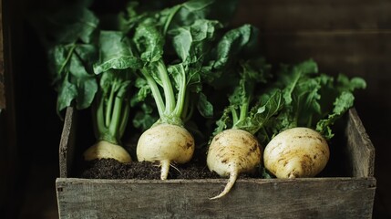 A collection of fresh organic root vegetables with green leaves displayed in a rustic wooden crate, showcasing the bounty of a recent harvest