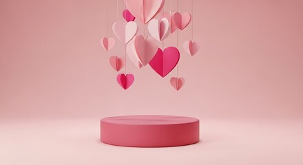Floating hearts suspended above a pink pedestal in a minimalist setting