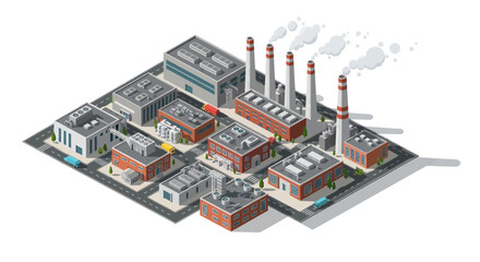 Isometric illustration depicting a modern industrial park with various factories and office buildings, highlighting urban development and manufacturing