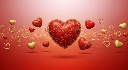 A vibrant celebration of love with floating hearts and glittering confetti