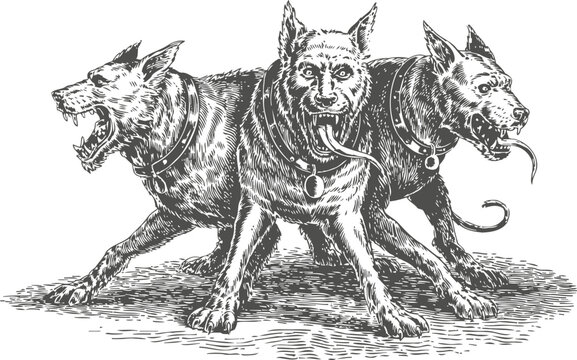 Cerberus mythological three headed dog guarding entrance with fierce expressions and collars