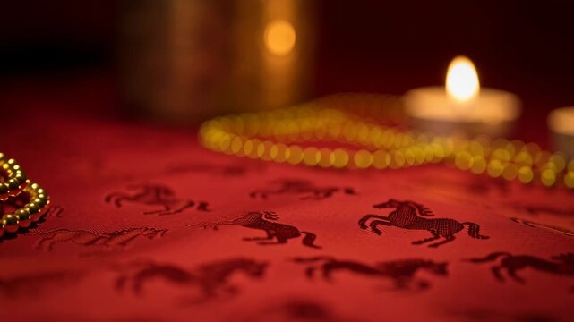 Mystical Horse Symbols Illuminated by Candlelight on Red Fabric.