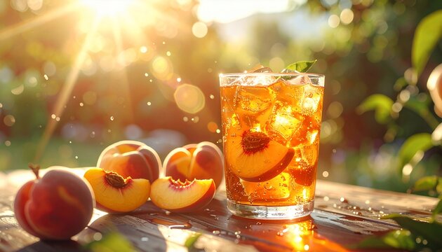 Refreshing Peach Iced Tea Drink in Summer Sunlight