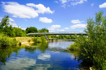 Fototapeta premium View of the dam at Lake Lippe and the surrounding landscape. Nature by the lake near Paderborn. 