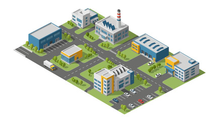 Isometric industrial park with various buildings, parking, and a delivery truck, representing industry and logistics