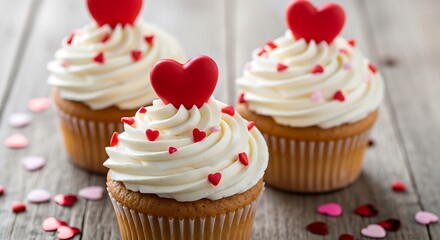 Delightful cupcakes topped with heart decorations and white frosting on a rustic table.