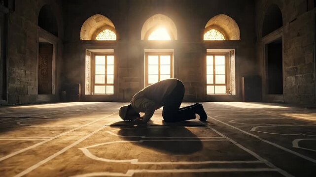 Devout Muslim Man Praying Alone Inside a Sunlit Mosque.