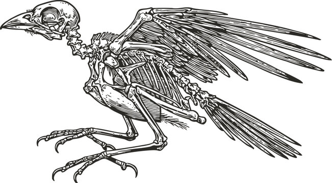 Detailed illustration of a bird skeleton with wings spread wide and sharp claws visible