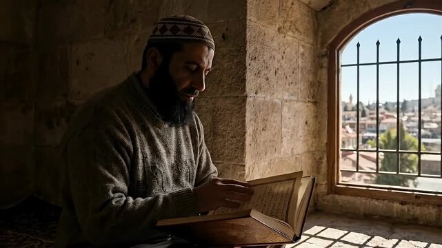 Devout man with a beard reading a sacred book by a sunlit window.