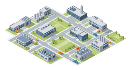 An isometric view of an urban industrial district with factories, offices, and roads, showcasing modern city development and commercial infrastructure