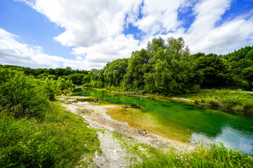 Fototapeta premium View of nature at Padersee. Landscape by the lake near Paderborn. 