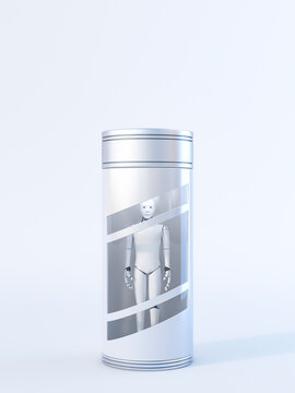 Robot caught in a glass case, 3d rendering