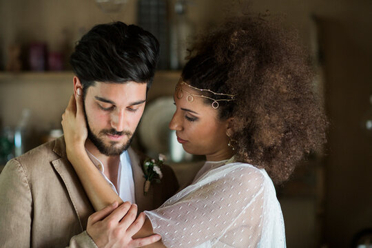 Romantic couple standing in room